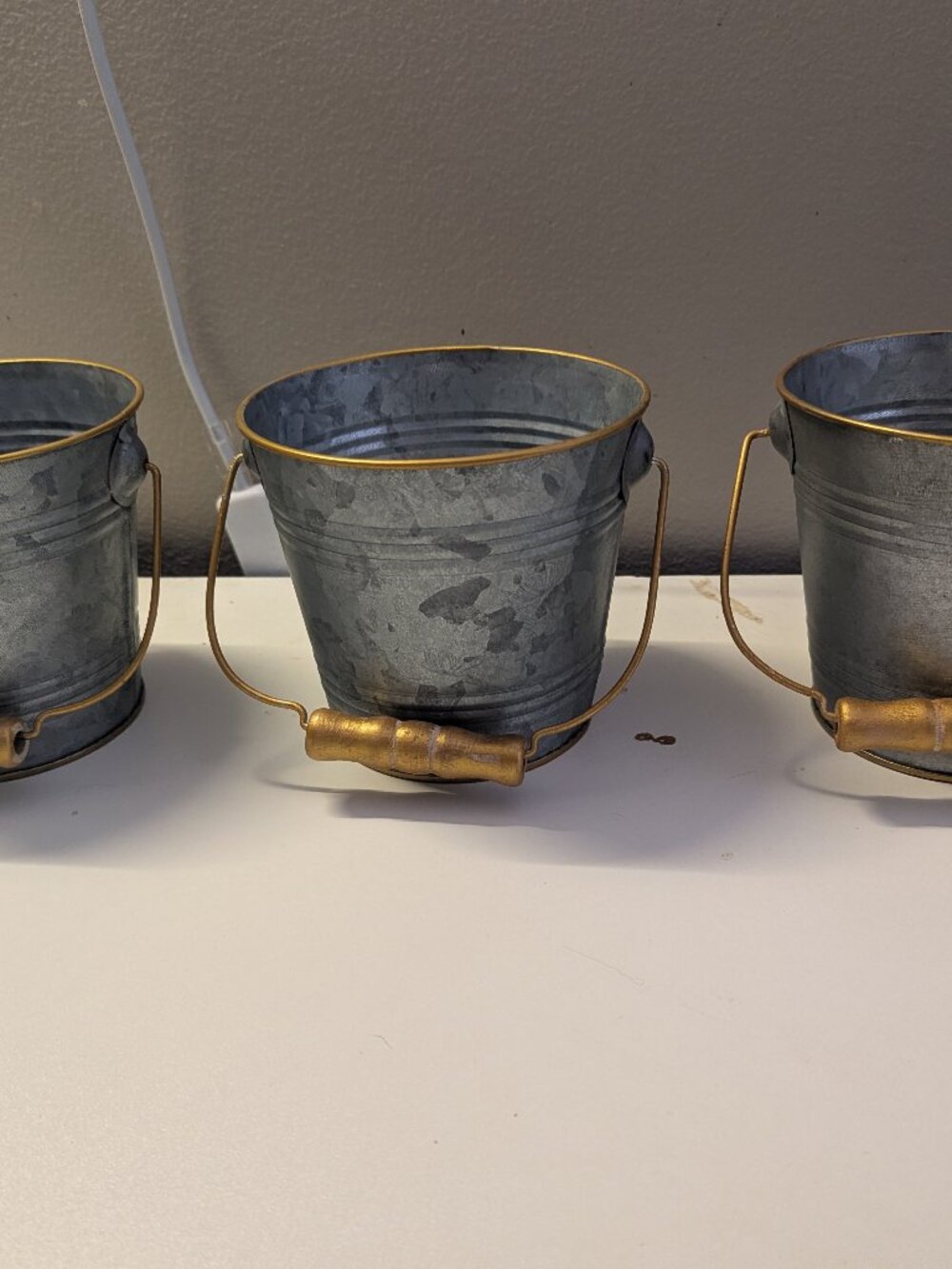 Set of 3 Miniature Galvanized Metal Craft Buckets with Gold Trim Handles